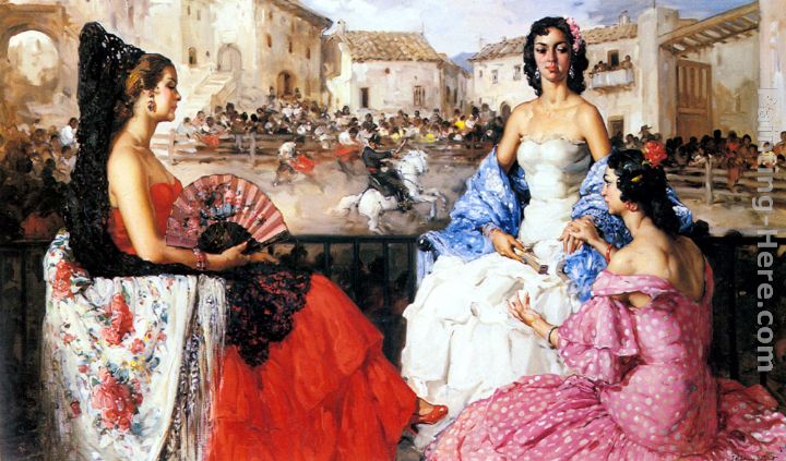 Elegant Women Watching a Bull Fight painting - Francisco Rodriguez San Clement Elegant Women Watching a Bull Fight art painting
